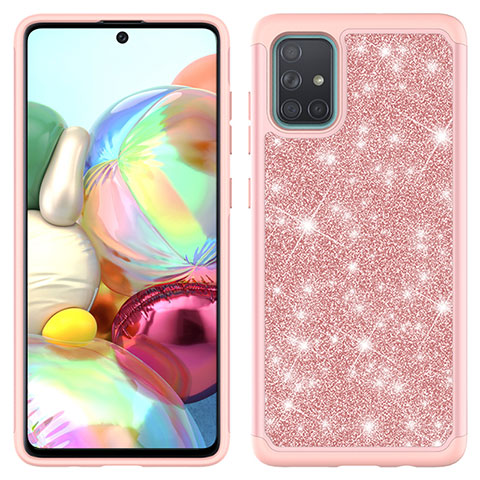 Silikon Hülle Handyhülle und Kunststoff Schutzhülle Hartschalen Tasche Vorder und Rückseite 360 Grad Ganzkörper Bling-Bling JX1 für Samsung Galaxy A71 5G Rosegold