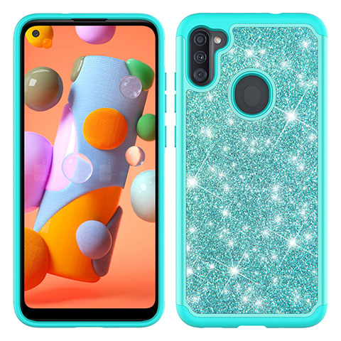 Silikon Hülle Handyhülle und Kunststoff Schutzhülle Hartschalen Tasche Vorder und Rückseite 360 Grad Ganzkörper Bling-Bling JX1 für Samsung Galaxy M11 Cyan