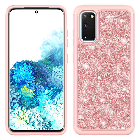 Silikon Hülle Handyhülle und Kunststoff Schutzhülle Hartschalen Tasche Vorder und Rückseite 360 Grad Ganzkörper Bling-Bling JX1 für Samsung Galaxy S20 5G Rosegold