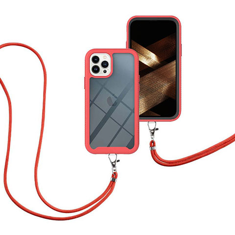 Silikon Hülle Handyhülle und Kunststoff Schutzhülle Hartschalen Tasche Vorder und Rückseite 360 Grad Ganzkörper mit Schlüsselband Lanyard für Apple iPhone 13 Pro Max Rot