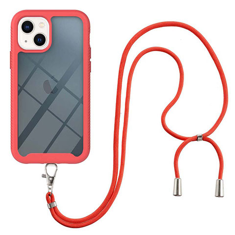 Silikon Hülle Handyhülle und Kunststoff Schutzhülle Hartschalen Tasche Vorder und Rückseite 360 Grad Ganzkörper mit Schlüsselband Lanyard für Apple iPhone 13 Rot