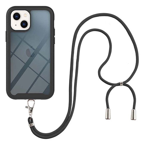 Silikon Hülle Handyhülle und Kunststoff Schutzhülle Hartschalen Tasche Vorder und Rückseite 360 Grad Ganzkörper mit Schlüsselband Lanyard für Apple iPhone 13 Schwarz