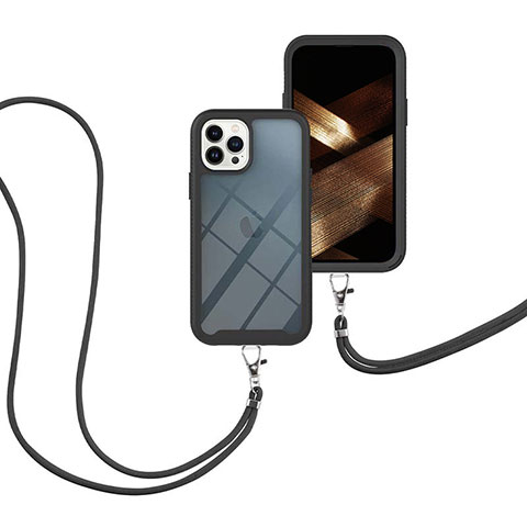 Silikon Hülle Handyhülle und Kunststoff Schutzhülle Hartschalen Tasche Vorder und Rückseite 360 Grad Ganzkörper mit Schlüsselband Lanyard für Apple iPhone 14 Pro Schwarz