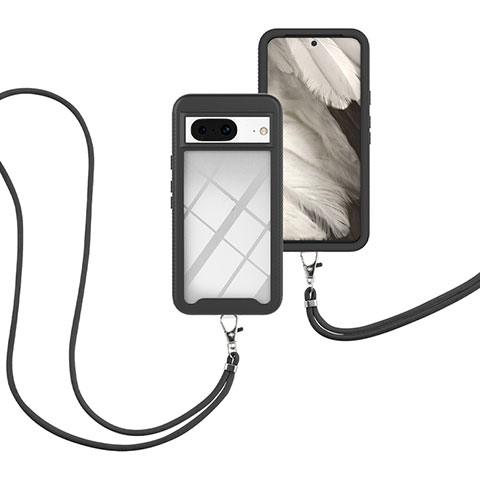 Silikon Hülle Handyhülle und Kunststoff Schutzhülle Hartschalen Tasche Vorder und Rückseite 360 Grad Ganzkörper mit Schlüsselband Lanyard für Google Pixel 8 5G Schwarz
