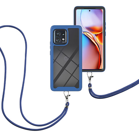 Silikon Hülle Handyhülle und Kunststoff Schutzhülle Hartschalen Tasche Vorder und Rückseite 360 Grad Ganzkörper mit Schlüsselband Lanyard für Motorola Moto Edge 40 Pro 5G Blau