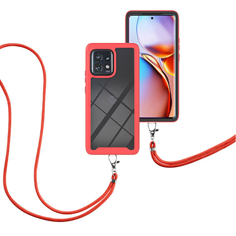 Silikon Hülle Handyhülle und Kunststoff Schutzhülle Hartschalen Tasche Vorder und Rückseite 360 Grad Ganzkörper mit Schlüsselband Lanyard für Motorola Moto Edge Plus (2023) 5G Rot