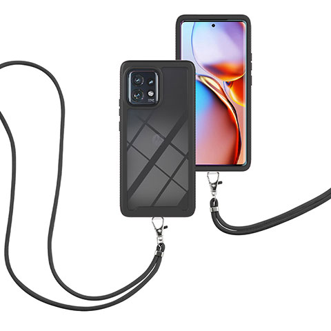 Silikon Hülle Handyhülle und Kunststoff Schutzhülle Hartschalen Tasche Vorder und Rückseite 360 Grad Ganzkörper mit Schlüsselband Lanyard für Motorola Moto Edge Plus (2023) 5G Schwarz