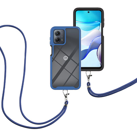 Silikon Hülle Handyhülle und Kunststoff Schutzhülle Hartschalen Tasche Vorder und Rückseite 360 Grad Ganzkörper mit Schlüsselband Lanyard für Motorola Moto G 5G (2023) Blau