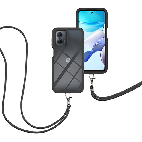 Silikon Hülle Handyhülle und Kunststoff Schutzhülle Hartschalen Tasche Vorder und Rückseite 360 Grad Ganzkörper mit Schlüsselband Lanyard für Motorola Moto G 5G (2023) Schwarz