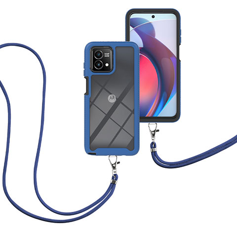 Silikon Hülle Handyhülle und Kunststoff Schutzhülle Hartschalen Tasche Vorder und Rückseite 360 Grad Ganzkörper mit Schlüsselband Lanyard für Motorola Moto G Stylus (2023) 4G Blau