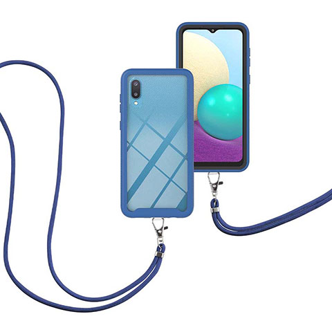 Silikon Hülle Handyhülle und Kunststoff Schutzhülle Hartschalen Tasche Vorder und Rückseite 360 Grad Ganzkörper mit Schlüsselband Lanyard für Samsung Galaxy A02 Blau