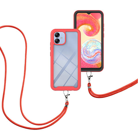 Silikon Hülle Handyhülle und Kunststoff Schutzhülle Hartschalen Tasche Vorder und Rückseite 360 Grad Ganzkörper mit Schlüsselband Lanyard für Samsung Galaxy A04 4G Rot