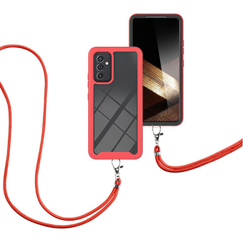 Silikon Hülle Handyhülle und Kunststoff Schutzhülle Hartschalen Tasche Vorder und Rückseite 360 Grad Ganzkörper mit Schlüsselband Lanyard für Samsung Galaxy A15 LTE Rot