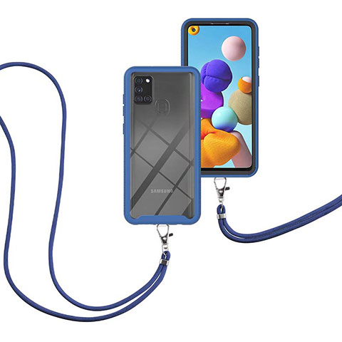 Silikon Hülle Handyhülle und Kunststoff Schutzhülle Hartschalen Tasche Vorder und Rückseite 360 Grad Ganzkörper mit Schlüsselband Lanyard für Samsung Galaxy A21s Blau
