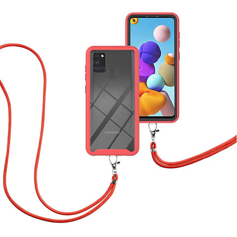 Silikon Hülle Handyhülle und Kunststoff Schutzhülle Hartschalen Tasche Vorder und Rückseite 360 Grad Ganzkörper mit Schlüsselband Lanyard für Samsung Galaxy A21s Rot