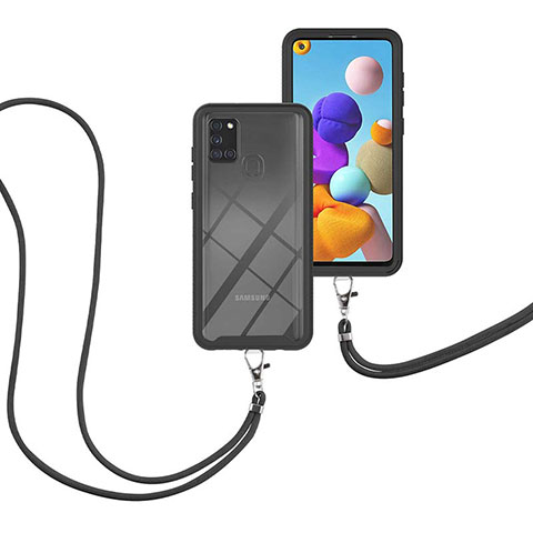 Silikon Hülle Handyhülle und Kunststoff Schutzhülle Hartschalen Tasche Vorder und Rückseite 360 Grad Ganzkörper mit Schlüsselband Lanyard für Samsung Galaxy A21s Schwarz