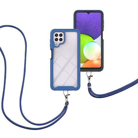Silikon Hülle Handyhülle und Kunststoff Schutzhülle Hartschalen Tasche Vorder und Rückseite 360 Grad Ganzkörper mit Schlüsselband Lanyard für Samsung Galaxy A22 4G Blau