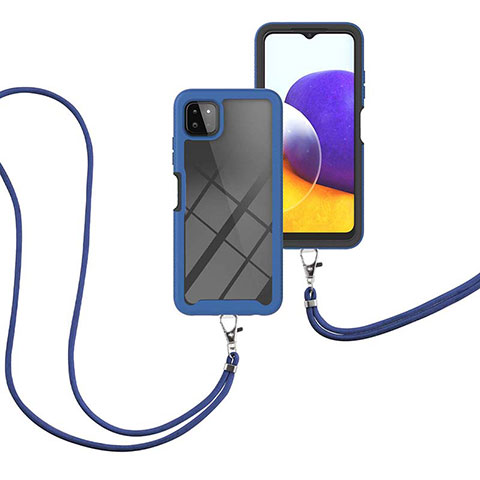 Silikon Hülle Handyhülle und Kunststoff Schutzhülle Hartschalen Tasche Vorder und Rückseite 360 Grad Ganzkörper mit Schlüsselband Lanyard für Samsung Galaxy A22 5G Blau