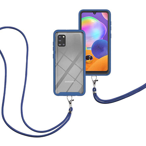 Silikon Hülle Handyhülle und Kunststoff Schutzhülle Hartschalen Tasche Vorder und Rückseite 360 Grad Ganzkörper mit Schlüsselband Lanyard für Samsung Galaxy A31 Blau