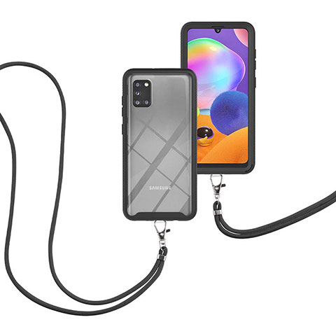 Silikon Hülle Handyhülle und Kunststoff Schutzhülle Hartschalen Tasche Vorder und Rückseite 360 Grad Ganzkörper mit Schlüsselband Lanyard für Samsung Galaxy A31 Schwarz