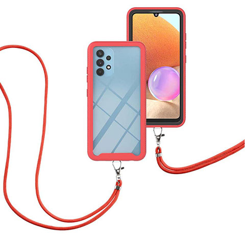 Silikon Hülle Handyhülle und Kunststoff Schutzhülle Hartschalen Tasche Vorder und Rückseite 360 Grad Ganzkörper mit Schlüsselband Lanyard für Samsung Galaxy A32 5G Rot