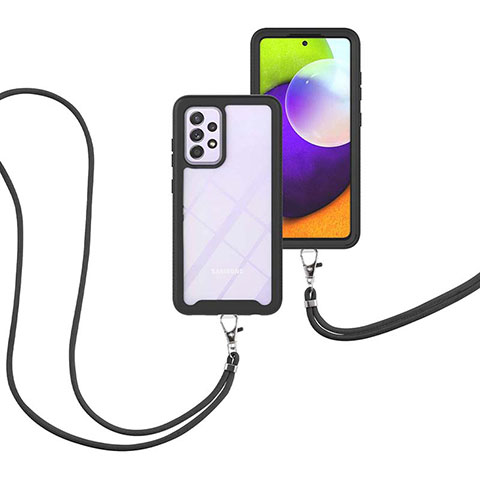 Silikon Hülle Handyhülle und Kunststoff Schutzhülle Hartschalen Tasche Vorder und Rückseite 360 Grad Ganzkörper mit Schlüsselband Lanyard für Samsung Galaxy A52 4G Schwarz