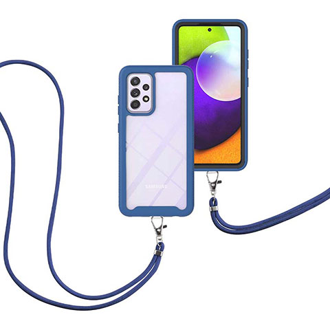 Silikon Hülle Handyhülle und Kunststoff Schutzhülle Hartschalen Tasche Vorder und Rückseite 360 Grad Ganzkörper mit Schlüsselband Lanyard für Samsung Galaxy A52 5G Blau