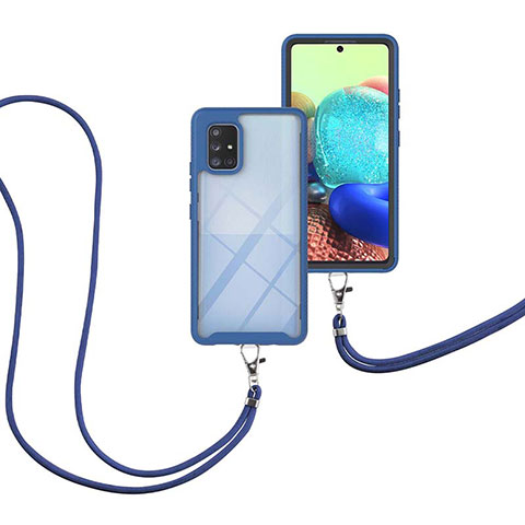 Silikon Hülle Handyhülle und Kunststoff Schutzhülle Hartschalen Tasche Vorder und Rückseite 360 Grad Ganzkörper mit Schlüsselband Lanyard für Samsung Galaxy A71 4G A715 Blau