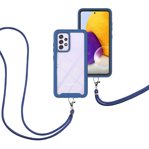 Silikon Hülle Handyhülle und Kunststoff Schutzhülle Hartschalen Tasche Vorder und Rückseite 360 Grad Ganzkörper mit Schlüsselband Lanyard für Samsung Galaxy A72 5G Blau