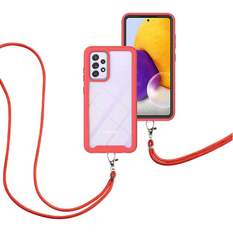 Silikon Hülle Handyhülle und Kunststoff Schutzhülle Hartschalen Tasche Vorder und Rückseite 360 Grad Ganzkörper mit Schlüsselband Lanyard für Samsung Galaxy A72 5G Rot