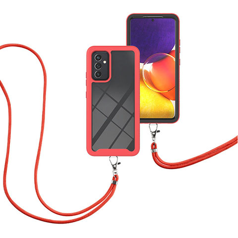 Silikon Hülle Handyhülle und Kunststoff Schutzhülle Hartschalen Tasche Vorder und Rückseite 360 Grad Ganzkörper mit Schlüsselband Lanyard für Samsung Galaxy Quantum2 5G Rot