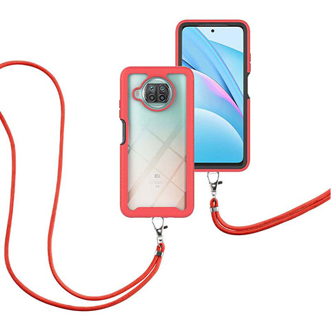 Silikon Hülle Handyhülle und Kunststoff Schutzhülle Hartschalen Tasche Vorder und Rückseite 360 Grad Ganzkörper mit Schlüsselband Lanyard für Xiaomi Mi 10i 5G Rot