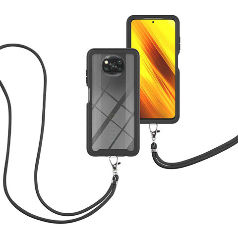 Silikon Hülle Handyhülle und Kunststoff Schutzhülle Hartschalen Tasche Vorder und Rückseite 360 Grad Ganzkörper mit Schlüsselband Lanyard für Xiaomi Poco X3 NFC Schwarz