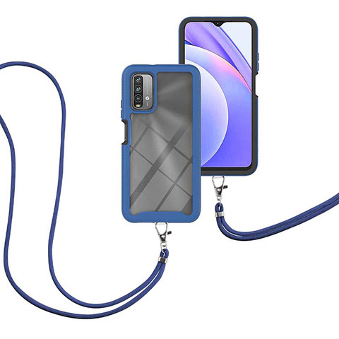 Silikon Hülle Handyhülle und Kunststoff Schutzhülle Hartschalen Tasche Vorder und Rückseite 360 Grad Ganzkörper mit Schlüsselband Lanyard für Xiaomi Redmi 9 Power Blau