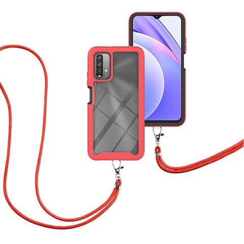 Silikon Hülle Handyhülle und Kunststoff Schutzhülle Hartschalen Tasche Vorder und Rückseite 360 Grad Ganzkörper mit Schlüsselband Lanyard für Xiaomi Redmi 9T 4G Rot