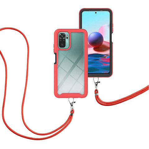 Silikon Hülle Handyhülle und Kunststoff Schutzhülle Hartschalen Tasche Vorder und Rückseite 360 Grad Ganzkörper mit Schlüsselband Lanyard für Xiaomi Redmi Note 10 4G Rot