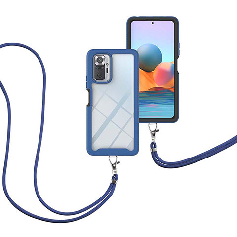 Silikon Hülle Handyhülle und Kunststoff Schutzhülle Hartschalen Tasche Vorder und Rückseite 360 Grad Ganzkörper mit Schlüsselband Lanyard für Xiaomi Redmi Note 10 Pro Max Blau
