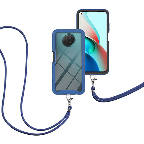 Silikon Hülle Handyhülle und Kunststoff Schutzhülle Hartschalen Tasche Vorder und Rückseite 360 Grad Ganzkörper mit Schlüsselband Lanyard für Xiaomi Redmi Note 9 5G Blau