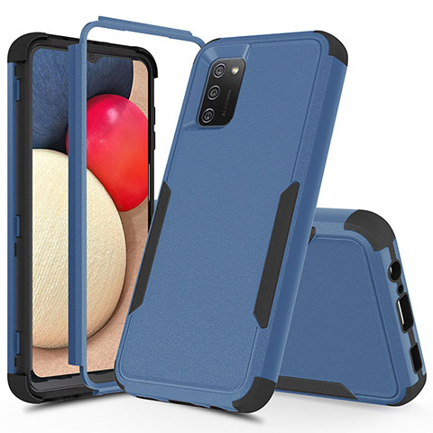 Silikon Hülle Handyhülle und Kunststoff Schutzhülle Hartschalen Tasche Vorder und Rückseite 360 Grad Ganzkörper MQ1 für Samsung Galaxy A02s Blau und Schwarz