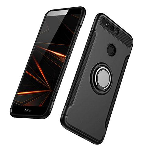 Silikon Hülle Handyhülle und Kunststoff Schutzhülle mit Fingerring Ständer A01 für Huawei Honor 8 Pro Schwarz