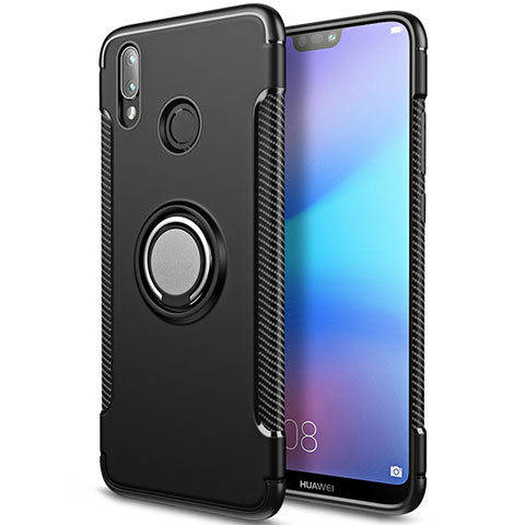 Silikon Hülle Handyhülle und Kunststoff Schutzhülle mit Fingerring Ständer für Huawei P20 Lite Schwarz