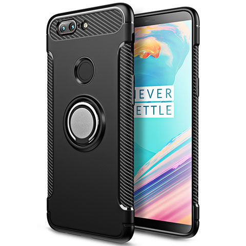 Silikon Hülle Handyhülle und Kunststoff Schutzhülle mit Fingerring Ständer für OnePlus 5T A5010 Schwarz