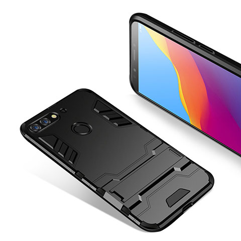 Silikon Hülle Handyhülle und Kunststoff Schutzhülle mit Ständer für Huawei Enjoy 8 Schwarz