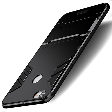 Silikon Hülle Handyhülle und Kunststoff Schutzhülle mit Ständer für Xiaomi Redmi Note 5A High Edition Schwarz