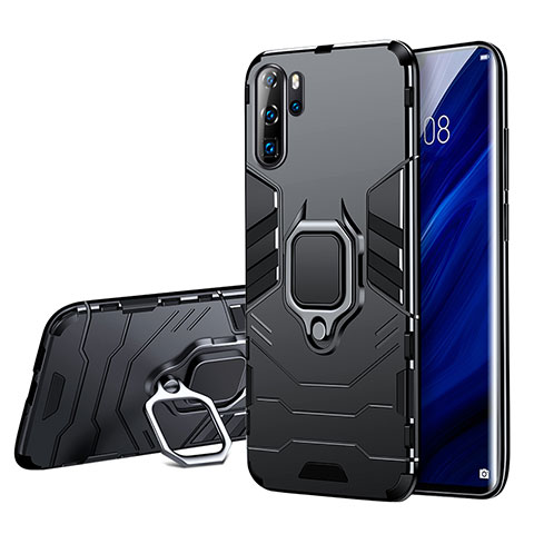 Silikon Hülle Handyhülle und Kunststoff Schutzhülle mit Ständer W01 für Huawei P30 Pro Schwarz