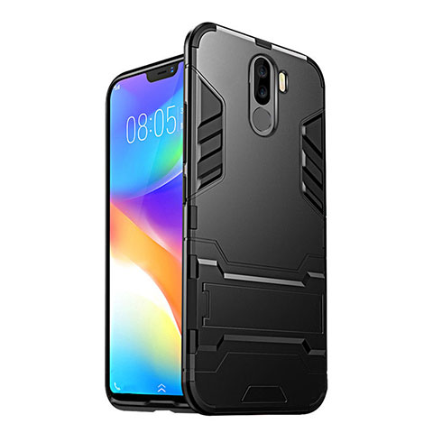 Silikon Hülle Handyhülle und Kunststoff Schutzhülle mit Ständer W01 für Xiaomi Pocophone F1 Schwarz