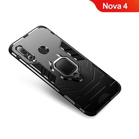 Silikon Hülle Handyhülle und Kunststoff Schutzhülle Tasche mit Fingerring Ständer für Huawei Nova 4 Schwarz