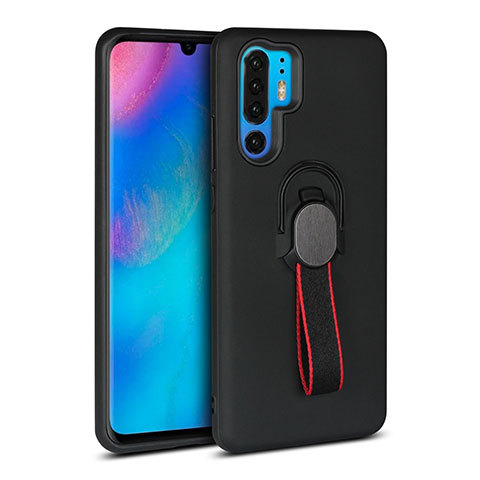 Silikon Hülle Handyhülle und Kunststoff Schutzhülle Tasche mit Fingerring Ständer für Huawei P30 Pro New Edition Schwarz