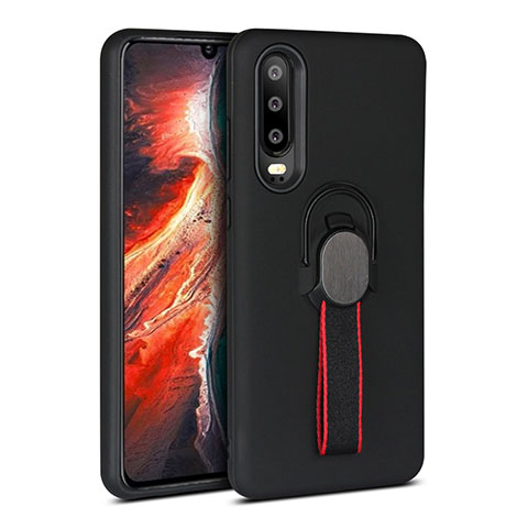 Silikon Hülle Handyhülle und Kunststoff Schutzhülle Tasche mit Fingerring Ständer für Huawei P30 Schwarz