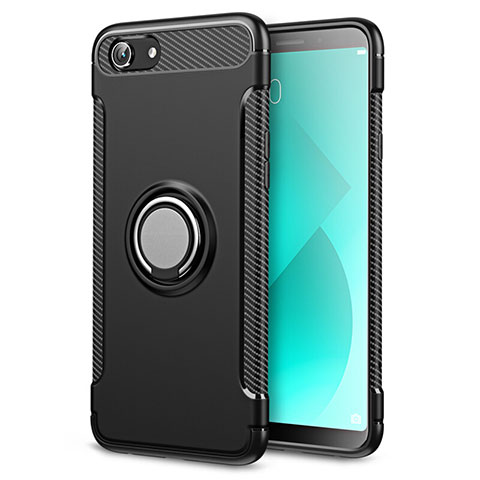 Silikon Hülle Handyhülle und Kunststoff Schutzhülle Tasche mit Fingerring Ständer für Oppo A3 Schwarz